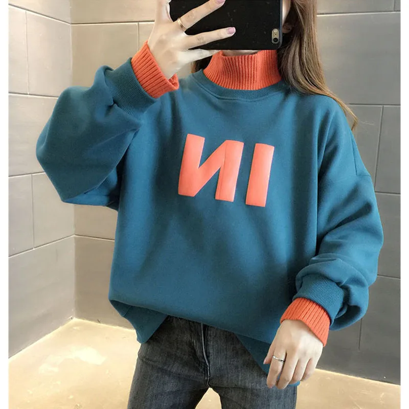 New Winter Fashion Process Plush Thickened Half High Neck Loose Versatile Splice Fake Two Piece Casual Lazy Women\'s Sweater