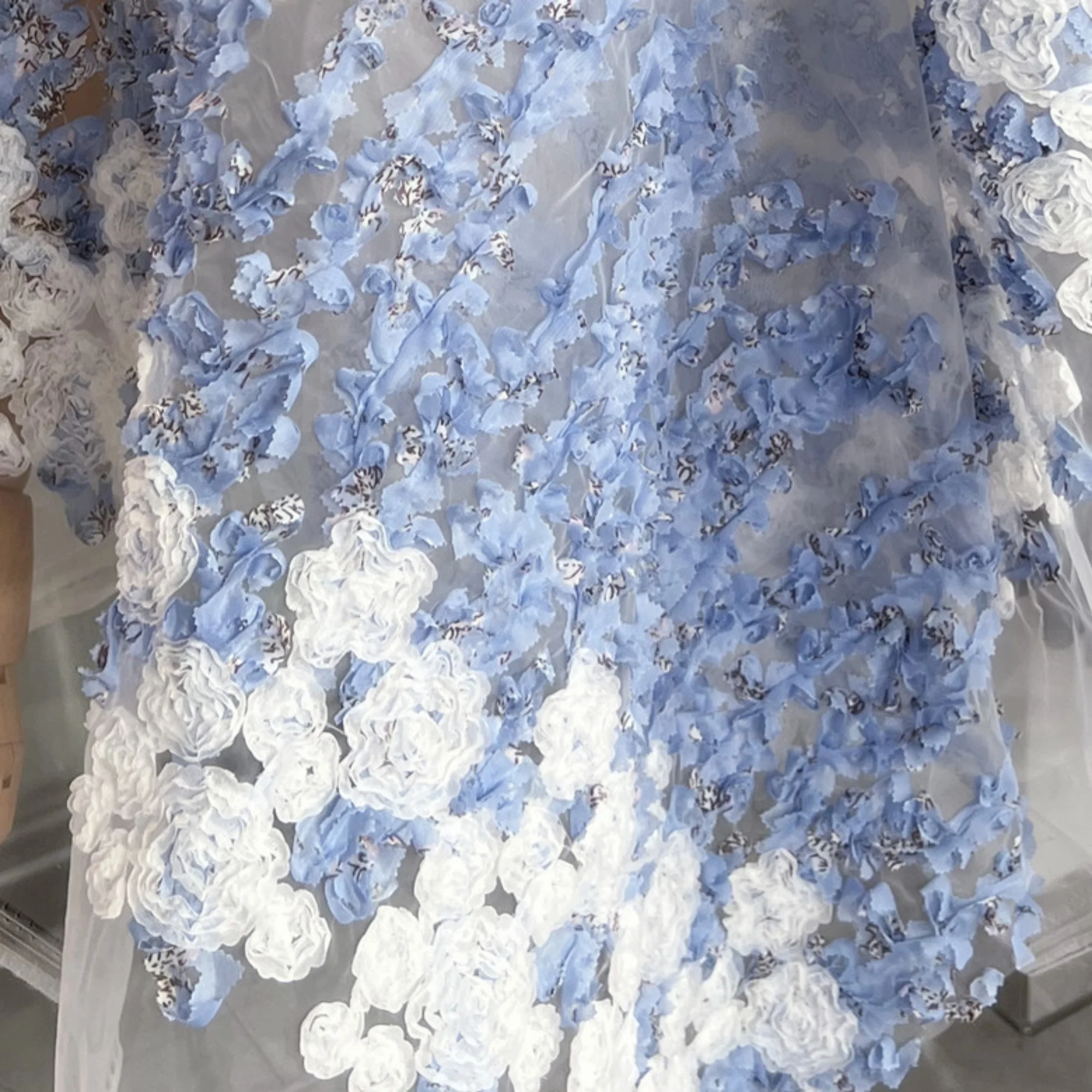 1Meter Blue White Double-Sided Gradient Organza Fabric with Three-Dimensional Flowers for DIY Handmade Clothing Skirt Evening Go view 6