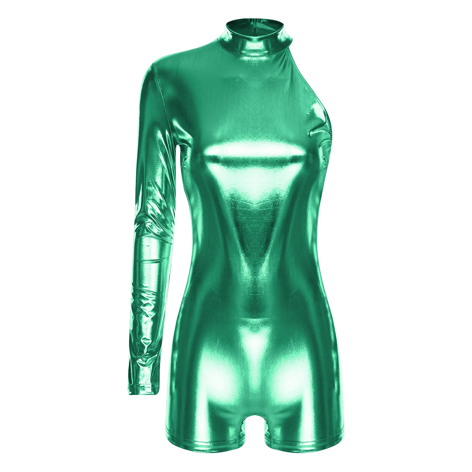 

Women Metallic One Long Sleeve Leotards Short Unitard Raves Party Mock Neck Biketard Bodysuit for Performance Cosplay Costumes