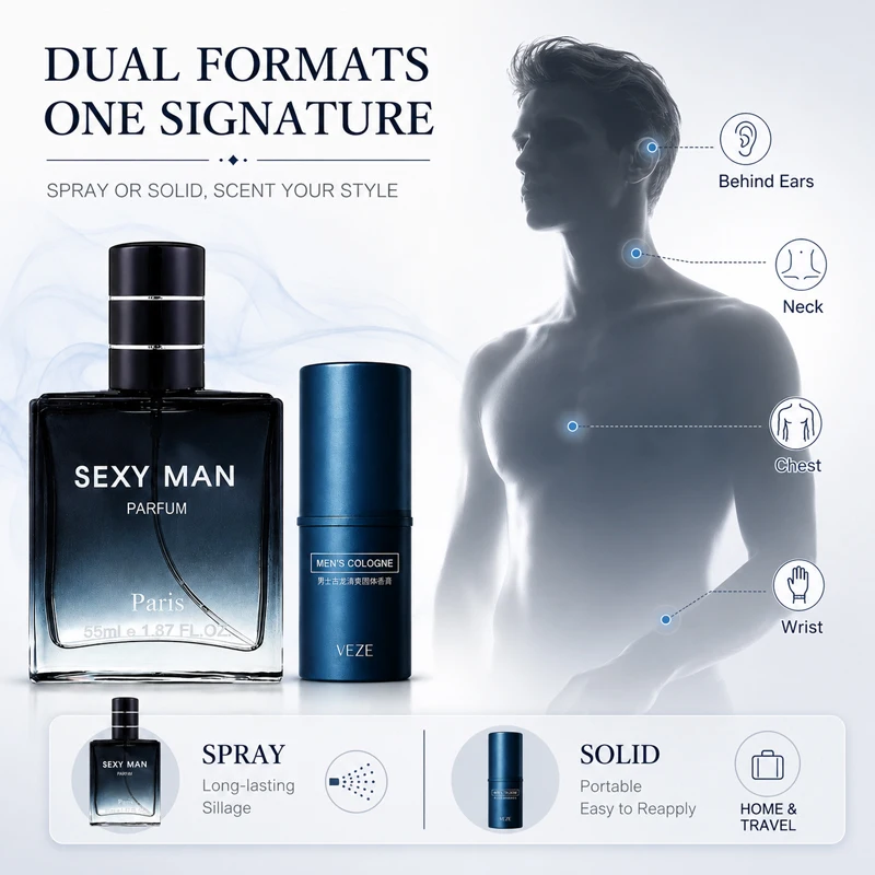 Men’s Perfume Set 2-in-1 Spray & Solid Cologne Long Lasting Fresh Woody Scent Portable Travel Date Fragrance Gift for Men view 6