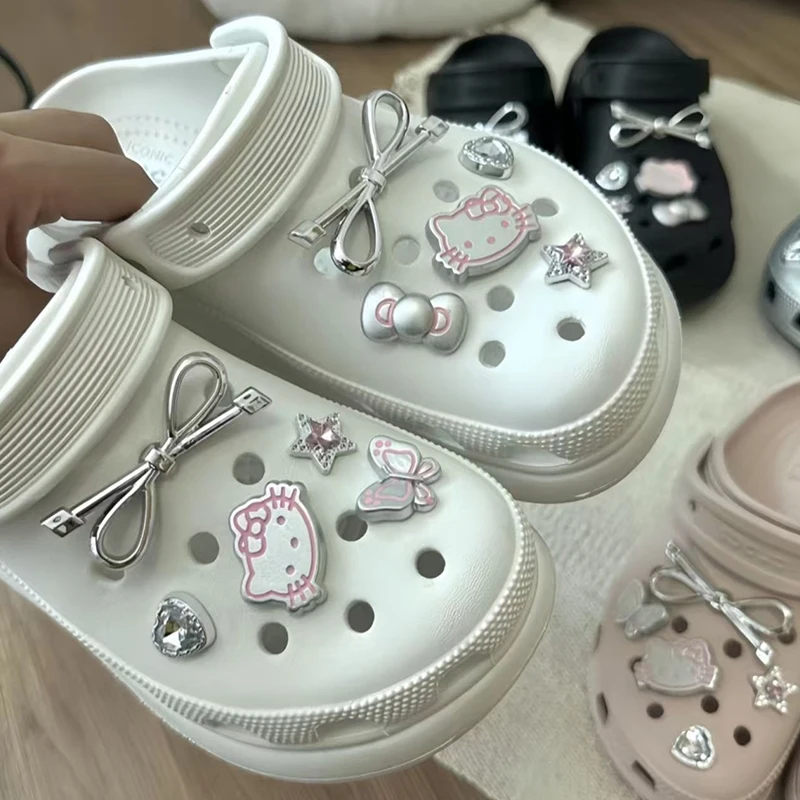 10Pcs Hello Kitty Shoe Charms Set for Sandals Clogs Pins DIY Accessories Silver Cartoon Shoes Buckle Decorations image 2