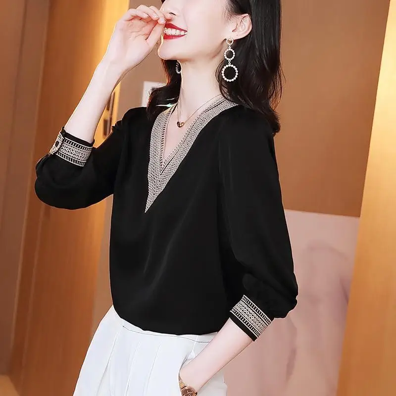 Spring New Temperament Patchwork Chiffon Shirt Tops Long Sleeve V Neck Solid Color Blouse Elegant Fashion Women Clothing