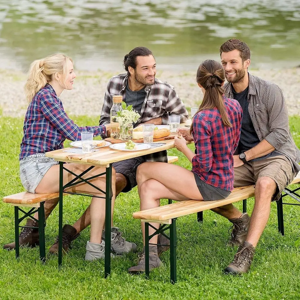 Folding bench mechanism of the Japandi Natural Wood Folding Outdoor Dining Set for versatile outdoor spatial planning