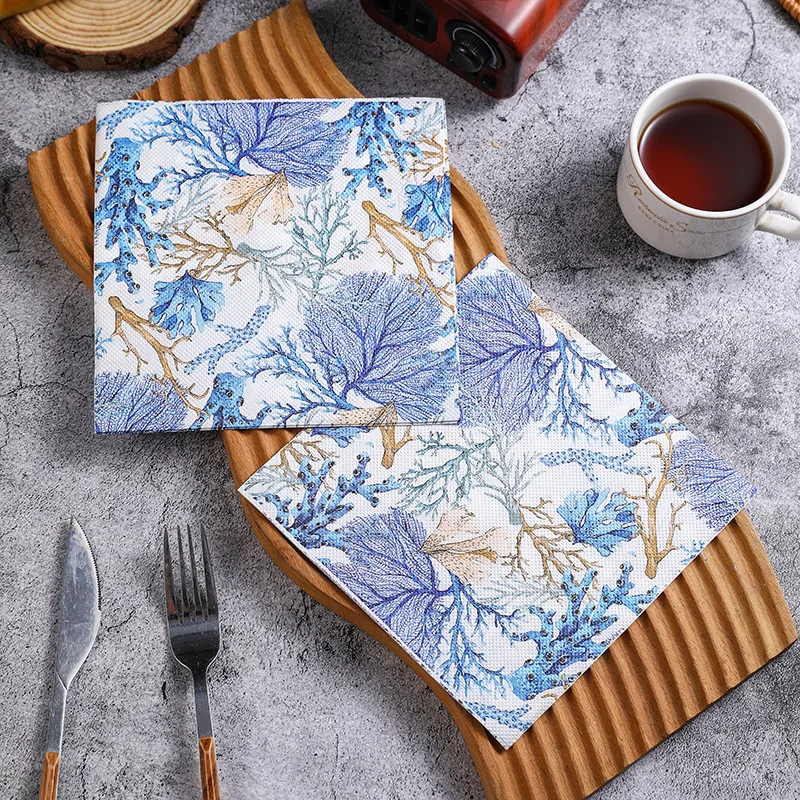 10/20pcs French Vintage Blue Rustic Tablecloth Placemats Colourful Printed Napkins Flower and Grass Facial Tissues Party Tissues