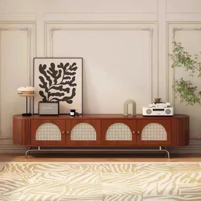 Solid wood rattan woven coffee table TV cabinet, vintage small apartment living room French combinationTV storagecabinet, floo