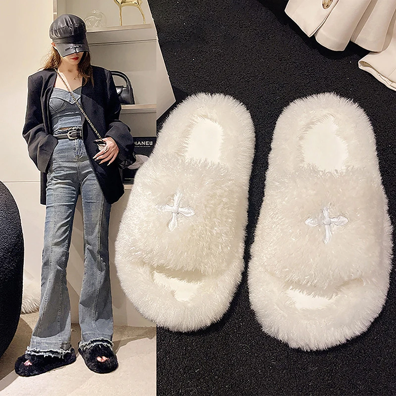 Vrouwen Bont Slippers Nieuw In Warm Pluizig Casual Outdoor Pluche Schoenen Mode Platte Bodem Pluche Slippers Dames Schoenen Slippers Plat