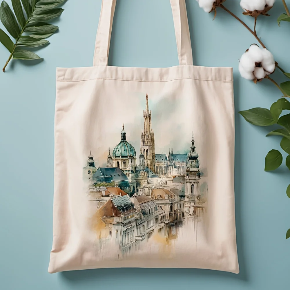 1pc of a Canvas Tote Bag Featuring The Vienna Skyline, Measuring 13.8 by 40.13 cm. It'S a Fashionable Shopping Bag Suitable for