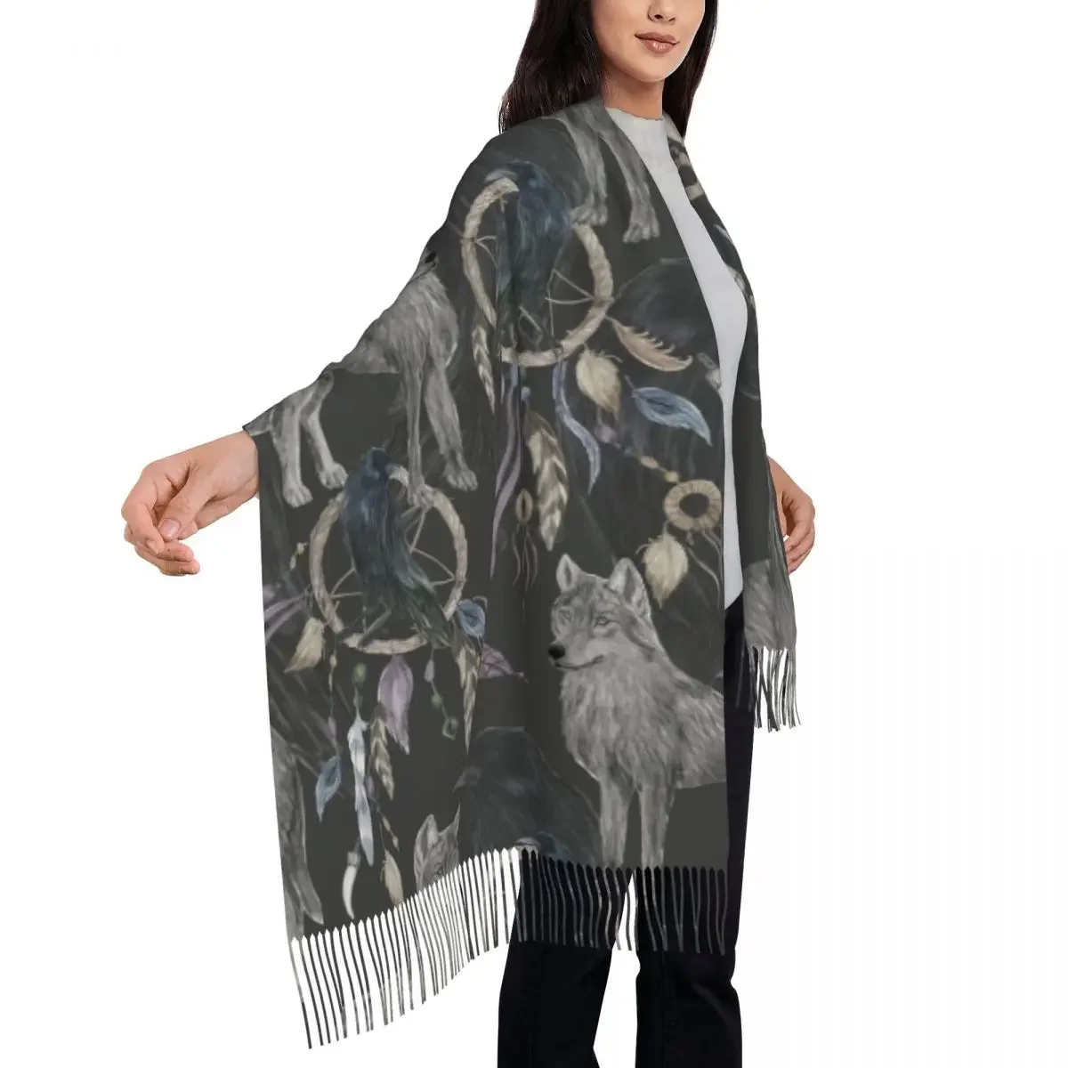 Watercolor Painting With Black Raven And Wolf Women's Tassel Shawl Scarf Fashion 