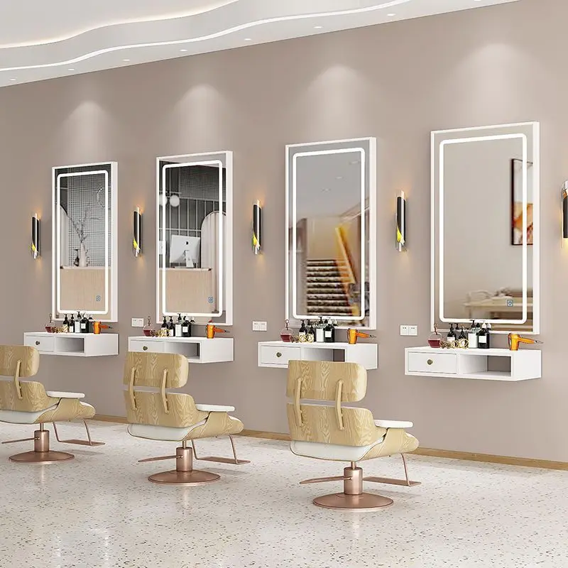 

Barbershop special mirror with LED light, hairdressing mirror stand, single-sided Internet celebrity trendy hair salon wall-hung