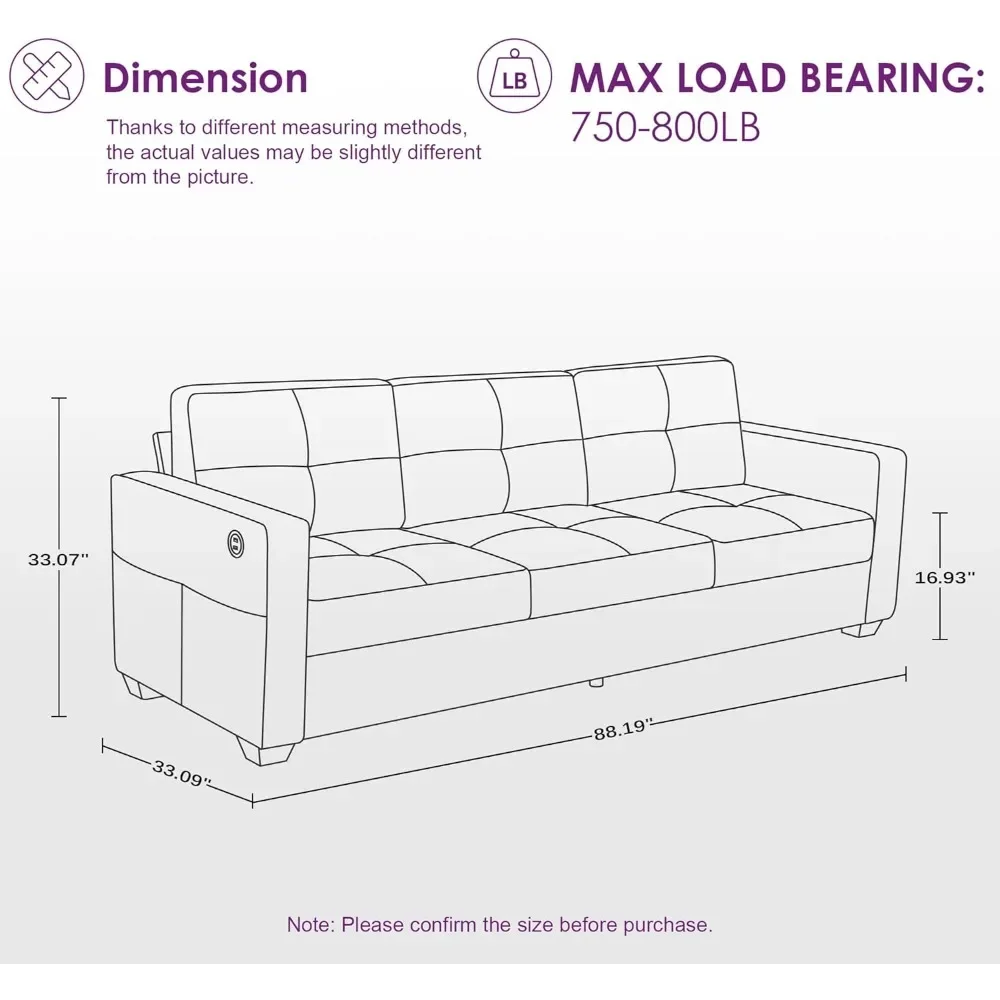 Sofa Couch Modern 3 Seater with 2 USB Charging Ports and Upholstered Cushions Modern Fabric Linen Deep Seat Mid Century Couches