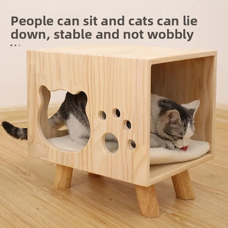 **Solid Wood Shoe Bench Cat Nest Nightstand Stool Human Pet Shared Semi-Enclosed Cat House Jumping Platform Bedroom Furniture**