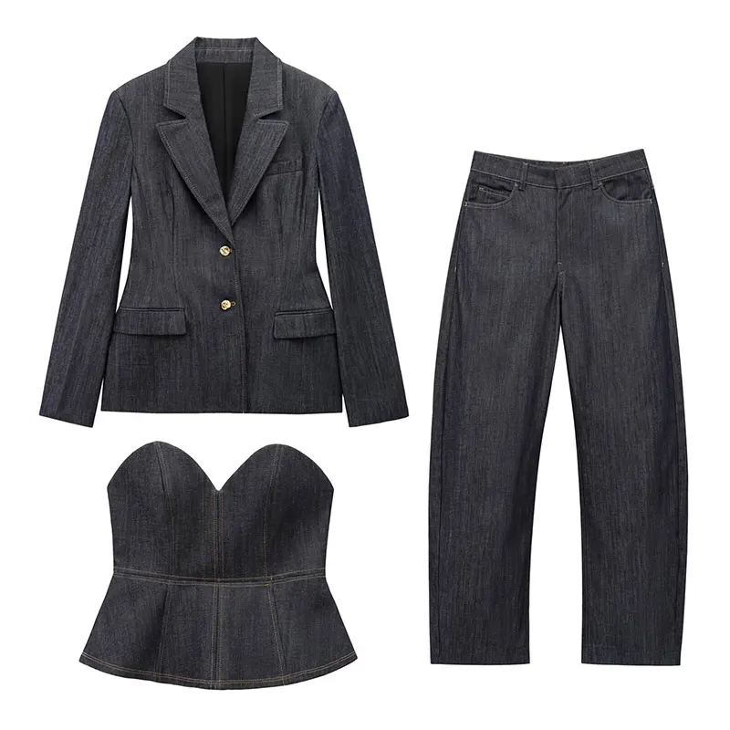 

TRAFZA 2025 Spring Denim Blazer Trousers Set For Women Turn-down Collar Slim Coat+v Neck Corset+vintage Female Wide Leg Jeans