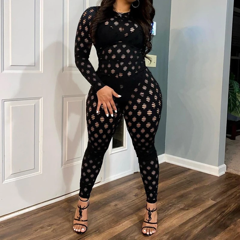 

Sexy Solid Hollow Out Sheer Mesh Workout Women's Jumpsuit Long Sleeve Skinny Fashion Streetwear Club Outfits Clothes Romper 2025