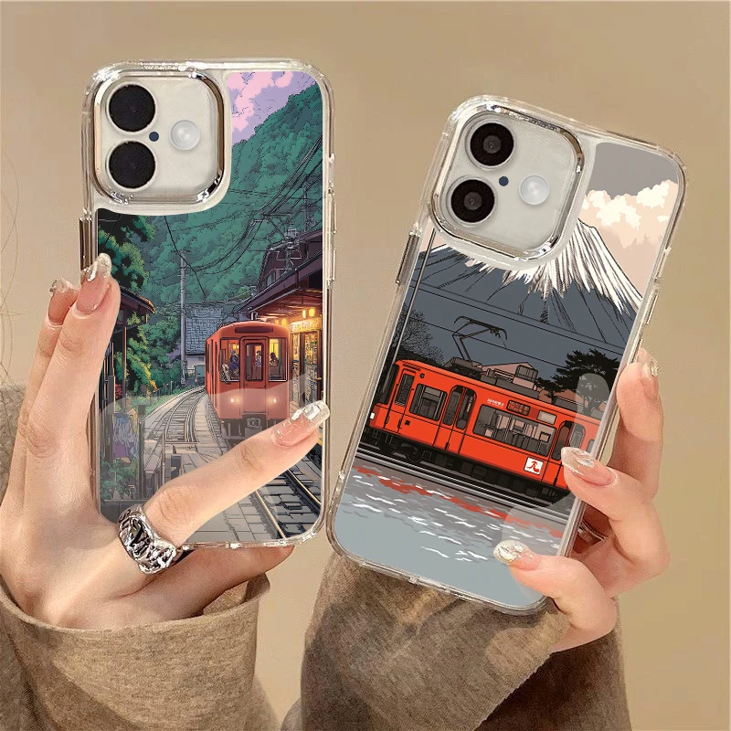 Custodia Fujiyama Anime Town Print per iPhone 15 Pro Max Coque iPhone 11 12 13 14 16 Pro Max placcatura cornice per lenti Cover in Silicone trasparente