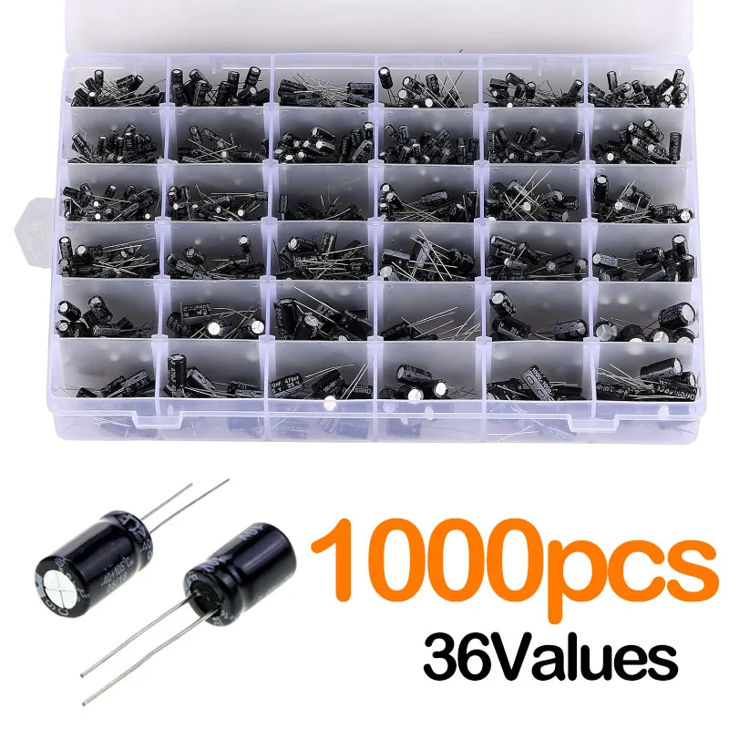 1000pcs 36 Kinds 0.1uF -1000uF Aluminum Capacitors 16-50V Electrolytic Capacitor Assortment Box Kit