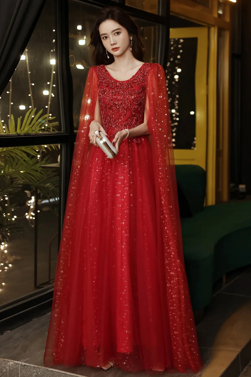 LZPOVE Shinny Sequin Wine Red Evening Dresses With Jacket Luxury Appliques A-line Floor-length Formal Evening Gowns for Women