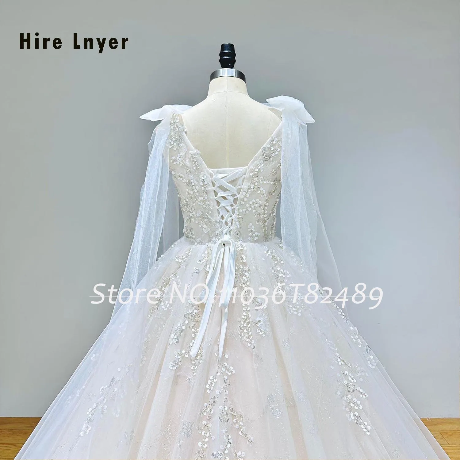 Hire Lnyer V-Neck Lace Up Back Bow Shoulder Straps Shiny Beading Pearls Gorgeous Ball Gown Wedding Dress With Chapel Train