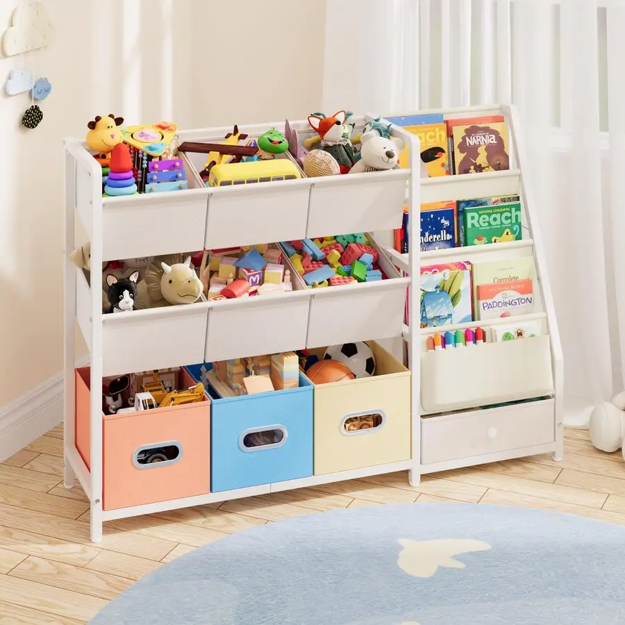 منظم تخزين رف كتب للأطفال وتخزين الألعاب مع 3 رف كتب و10 صناديق تخزين، تخزين غرفة لعب مونتيسوري للأطفال الصغار، #1