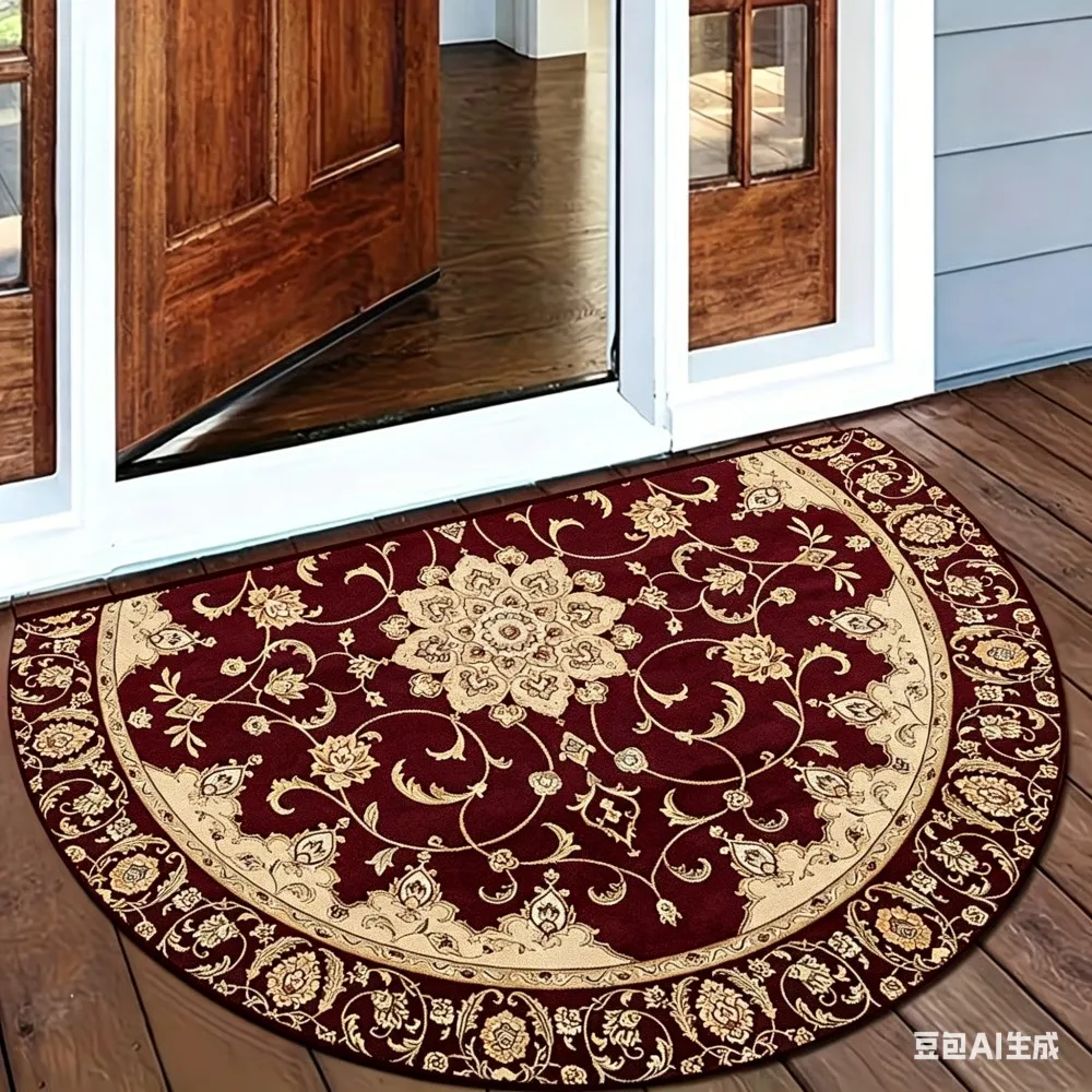 Vintage Persian Style Half Round Doormat Mandala Floral Welcome Mat Non-Slip Entrance Rug Classic Semi-Circle Floor Carpet