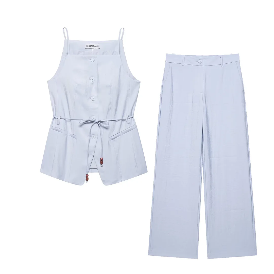 

Summer women's wear belted vest high waist straight casual pants suit sleeveless camisole top straight pants two-piece suit
