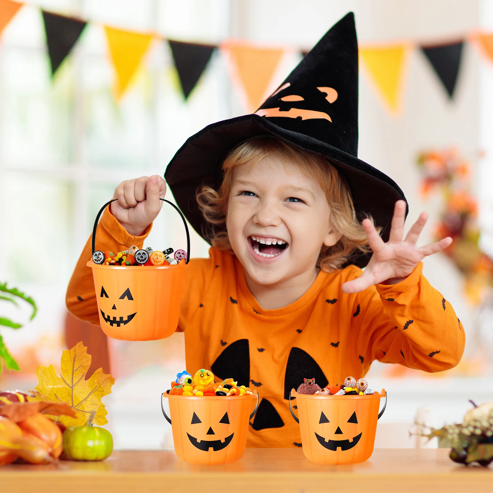 

6pcs Halloween Pumpkin Bucket Orange Trick Or Treat Candy Holder Reusable Party Favor Supplies For Kids Garden Yard Classroom