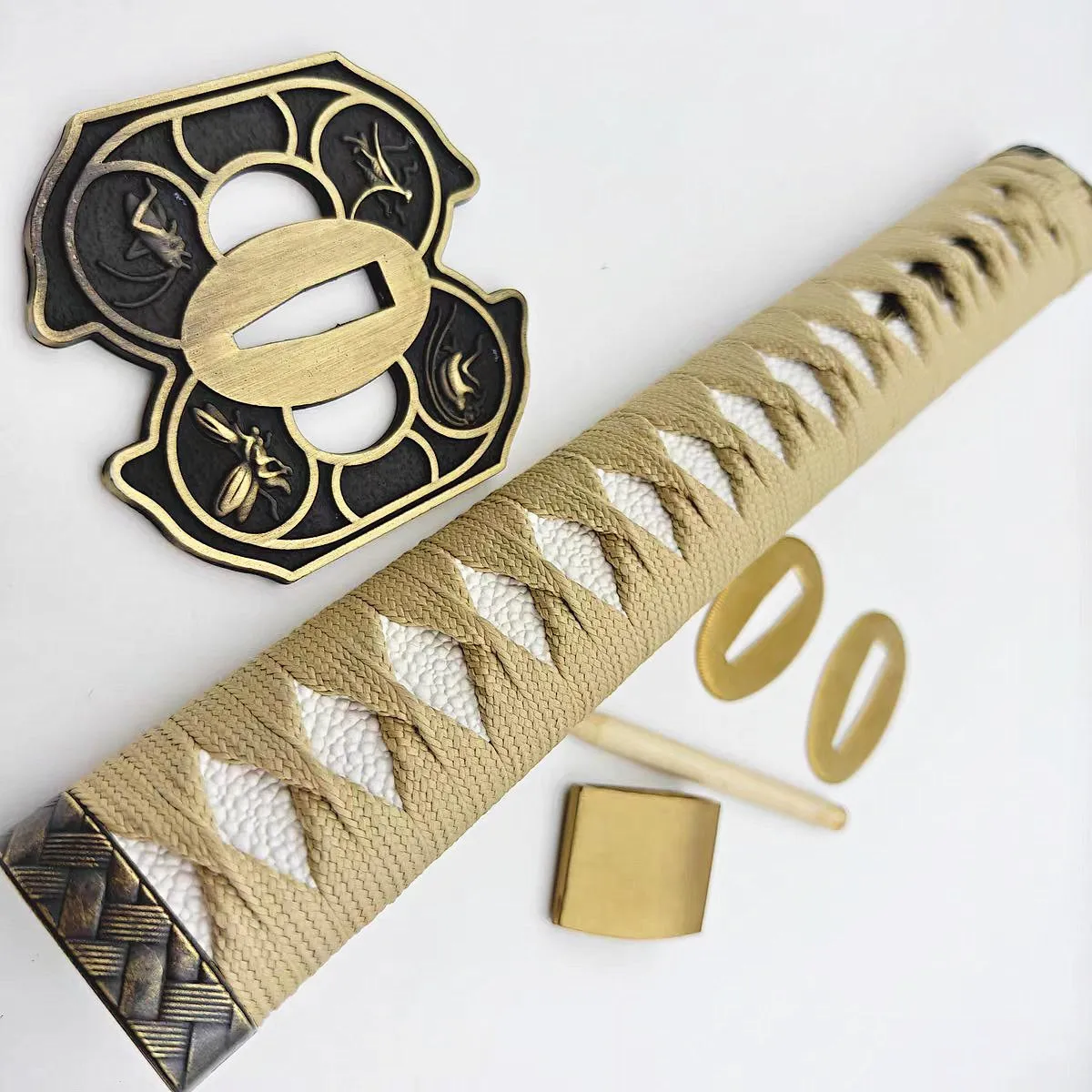 Nice Beige Japan Sword Parts 26cm Tsuka Handle Alloy Tsuba Handguard Brass Habaki Seppa For Japanese Samurai Katana Fitting