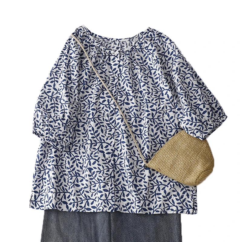 예술적인 꽃무늬 프린트 여성용 여름 디자인 독특한 안티에이징 5부 소매 트렌디한 코튼 린넨 혼방 탑