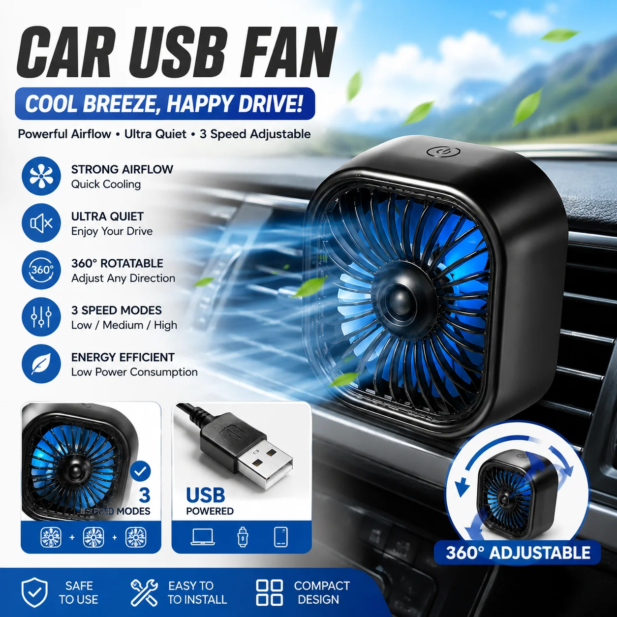 Universal Auto Air Outlet Fan Mini USB Powered With LED Mood Light 360 Adjustable Swivel Clip On Vent Quiet Portable Fan