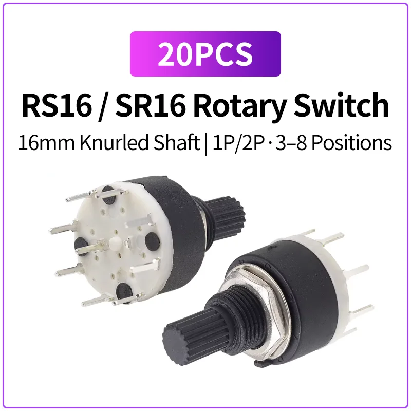 20PCS RS16 SR16 Rotary Band Switch 16mm 1P 2P 3/4/5/6/8 Position Knurled Shaft Selector Switch