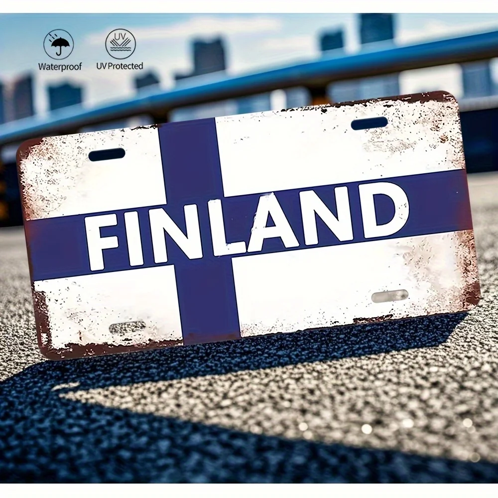 Finland Flag Aluminum Sign -  Rustic Wall Decor with Distressed Finish, Blue & White Cross Symbol Durable Garage, Home, Office