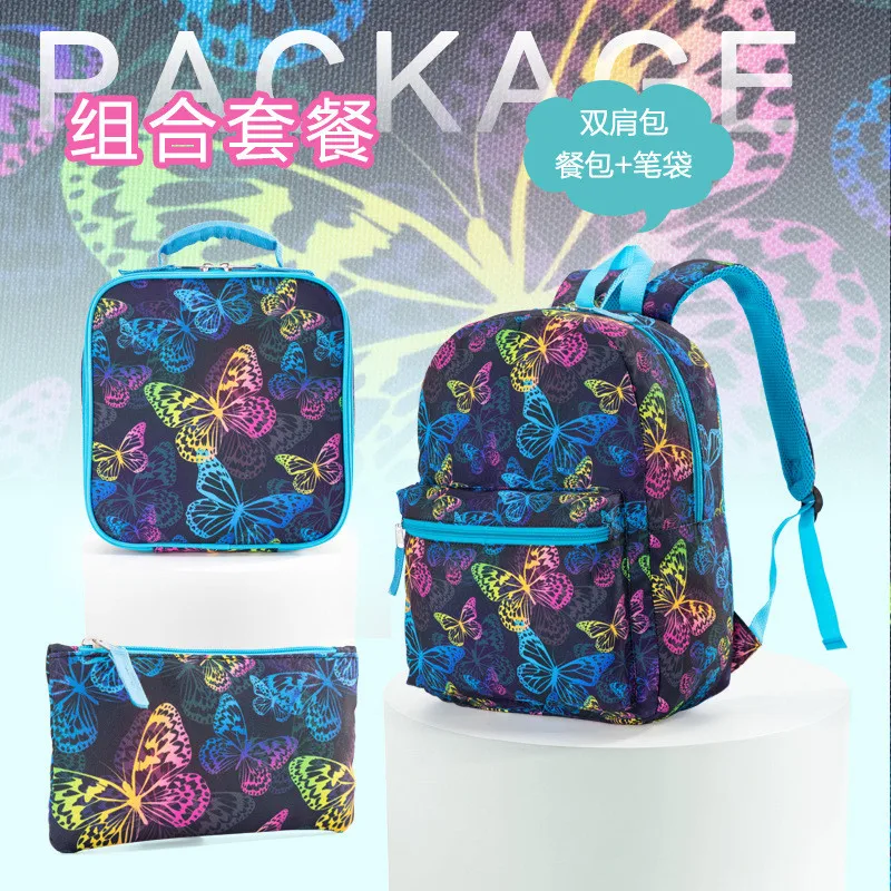 Girls Backpack 3 Piece Set Primary School Student School Bag Insulated Lunch Bag and Pencil Case Butterfly Print