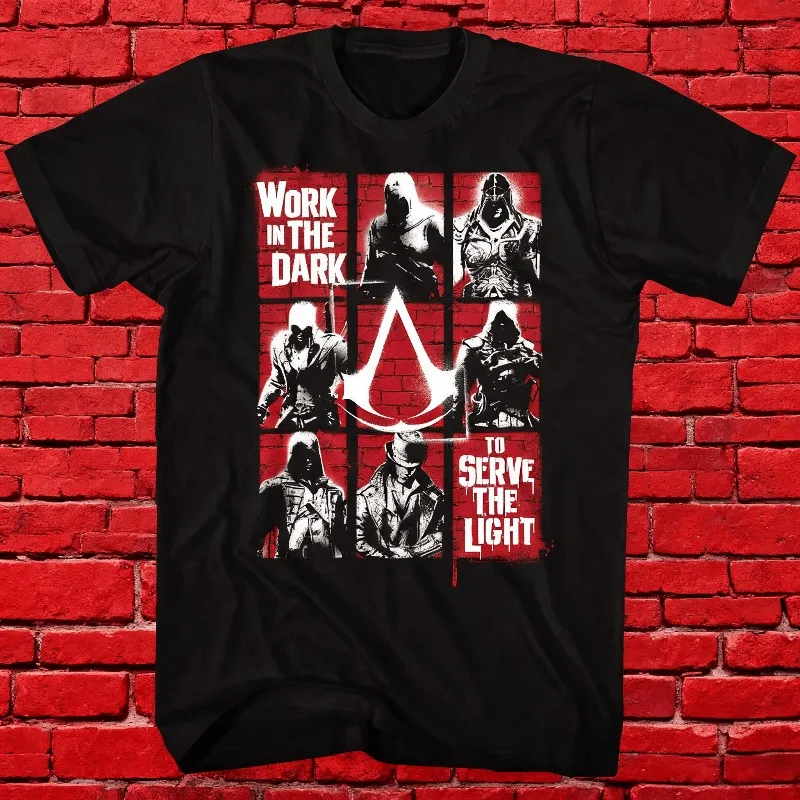 2025 الصيف القتلة العقيدة رجل لعبة ذات العلامات التجارية المشتركة الرجال كم الجرافيك القمم جديد وصول 100% القطن الخالص تي شيرت مطبوع