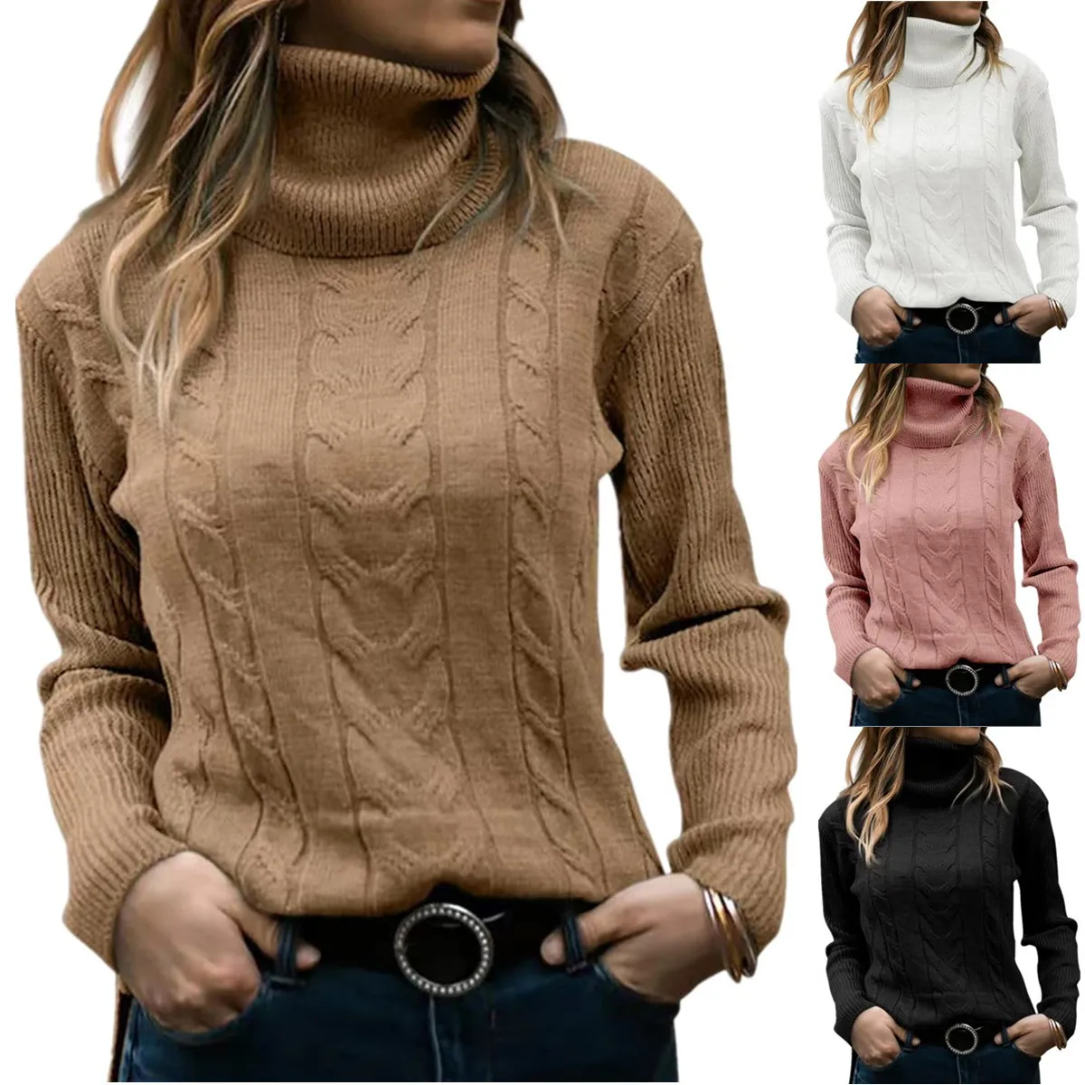 Vintage Long Sleeve Sweater Women Warm 2024 Autumn Winter New Solid Color High Collar Women's Clothing  Sweaters  Pullover