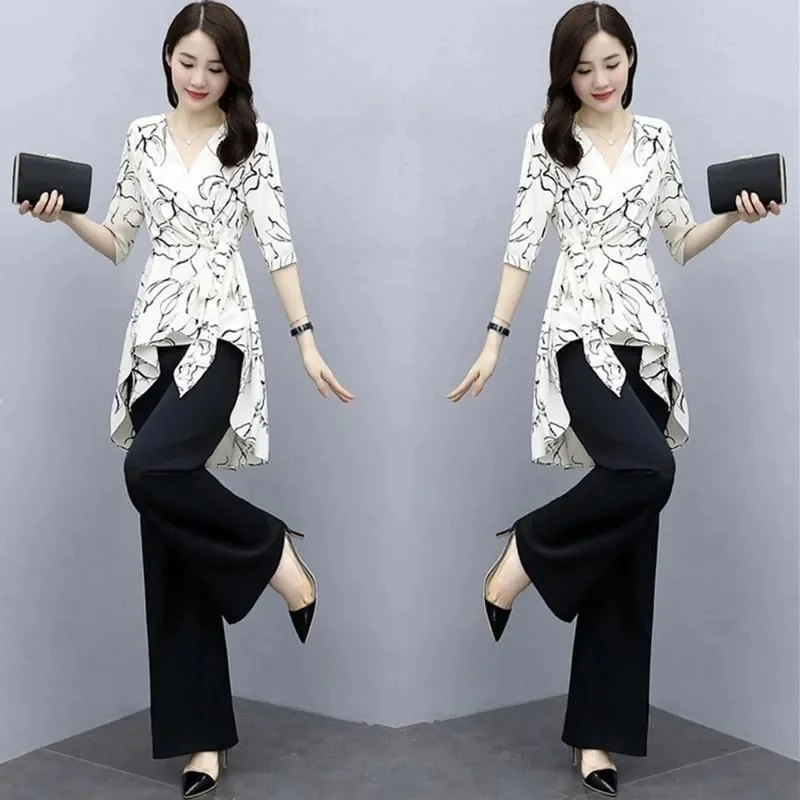 Oversize Women Summer Clothing Set Fashion High Waist Wide Leg Pants & Irregular Hem Tops Two Pieces Suits Good Quality