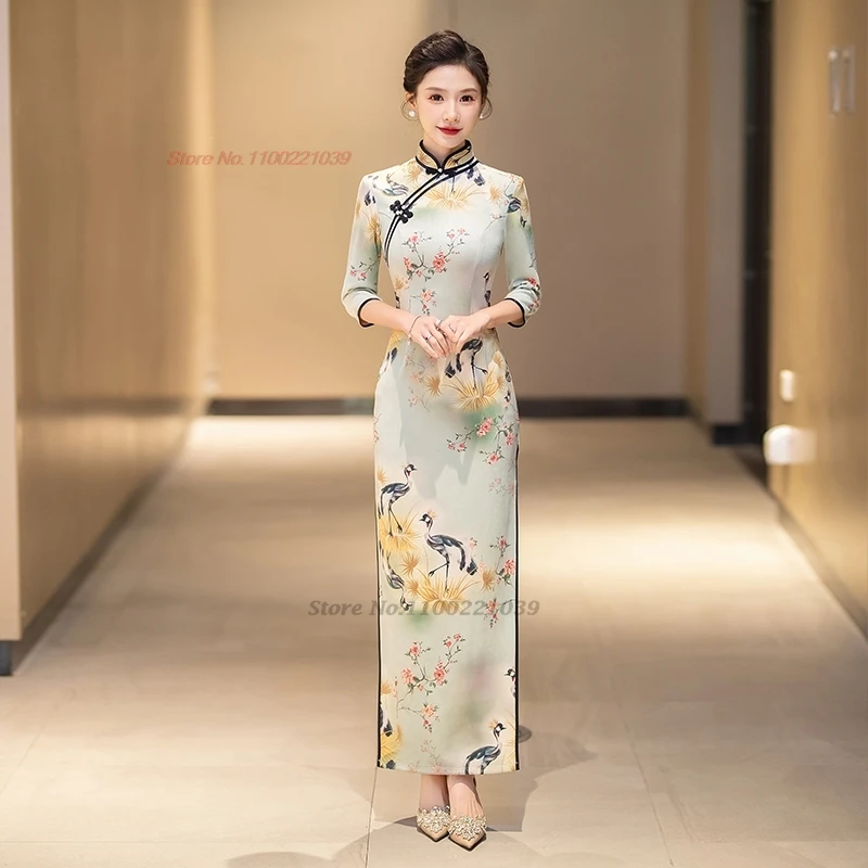 

2024 chinese improved cheongsam traditional dress national flower print stage formal dress oriental banquet evening folk qipao