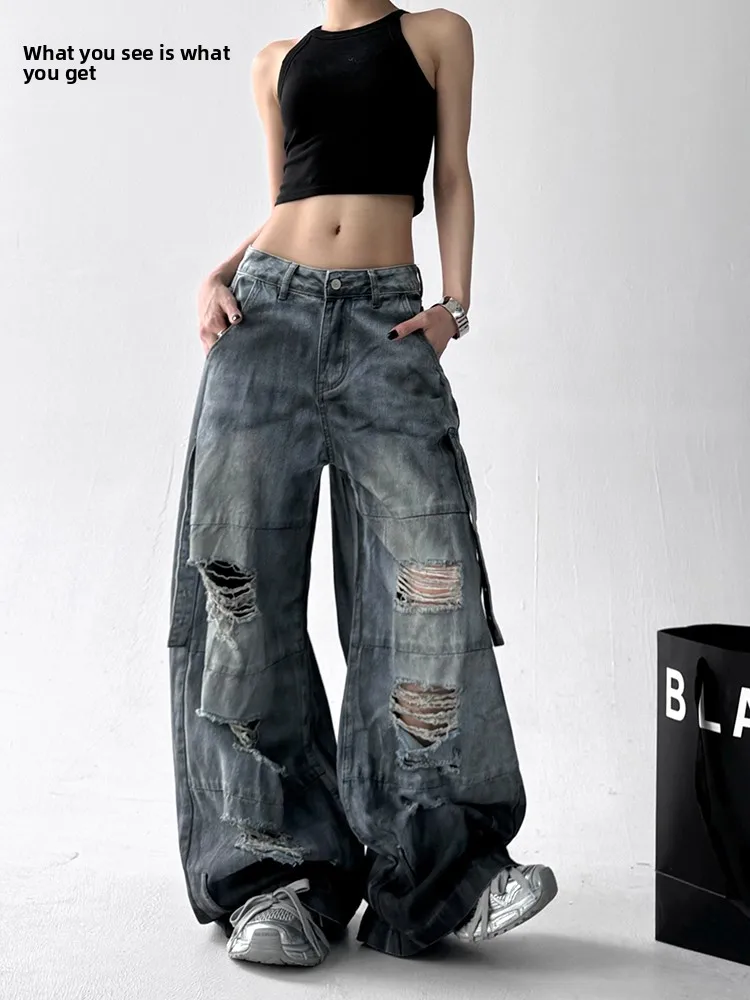 

High Street Design Women's Dir Feeling Spray Ink Denim Pants Ultra ular New Sle Sa Blue Workwear Trousers Cotton Ela...