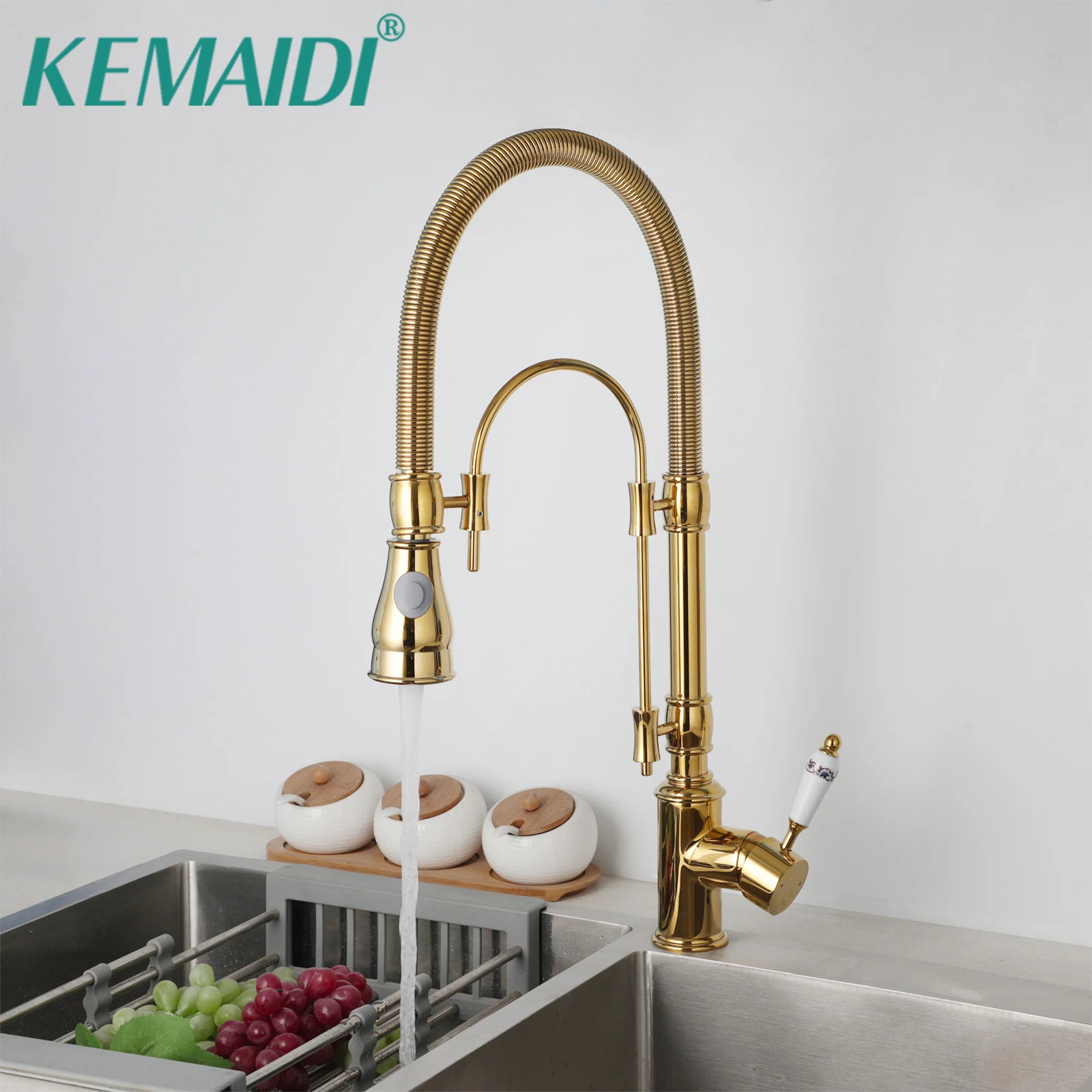 KEMAIDI Golden Kitchen Basin Faucet 360 ° Rotating Rain Mode Hot and Cold Water Mixer Tap Deck Mounted Kitchen Faucets