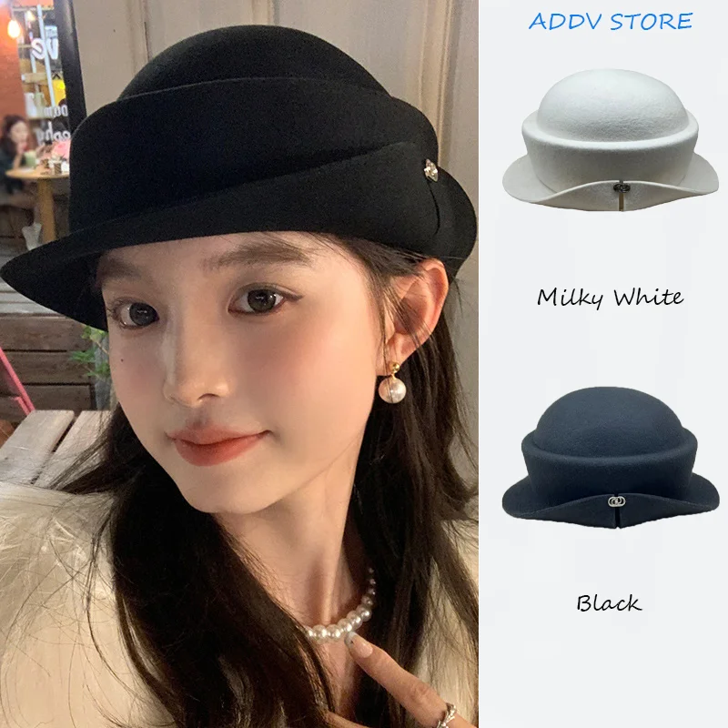 Classy Short Brimmed Woolen Bucket Hat for Fashion-Conscious Ladies Elegant Foldable Wool Fedoras with Vintage Glamour