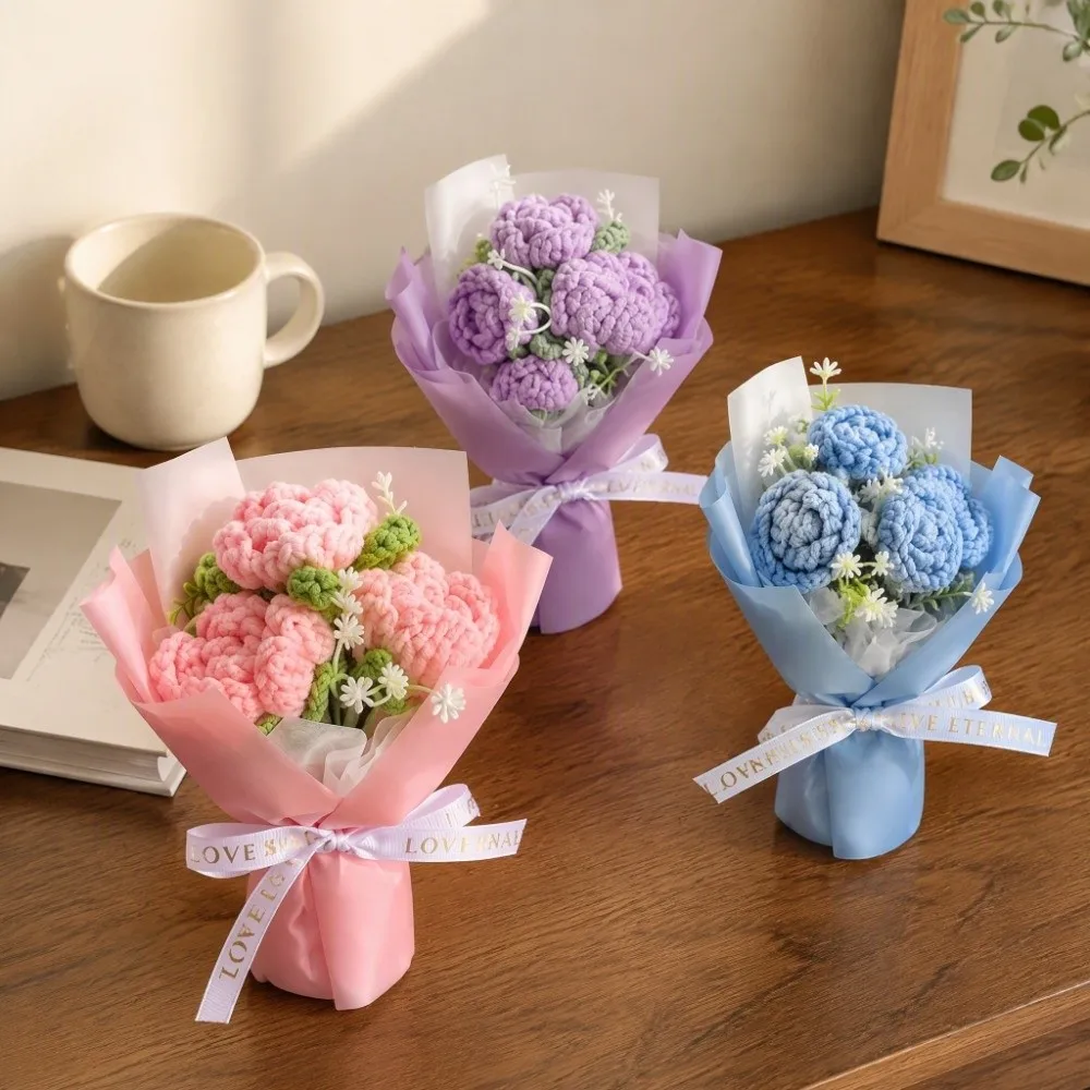 Fake Flowers Crochet Flowers Knitted Flower Hand Woven Artificial Flower Potted Plant Sweet Romantic Woven Simulated Flower