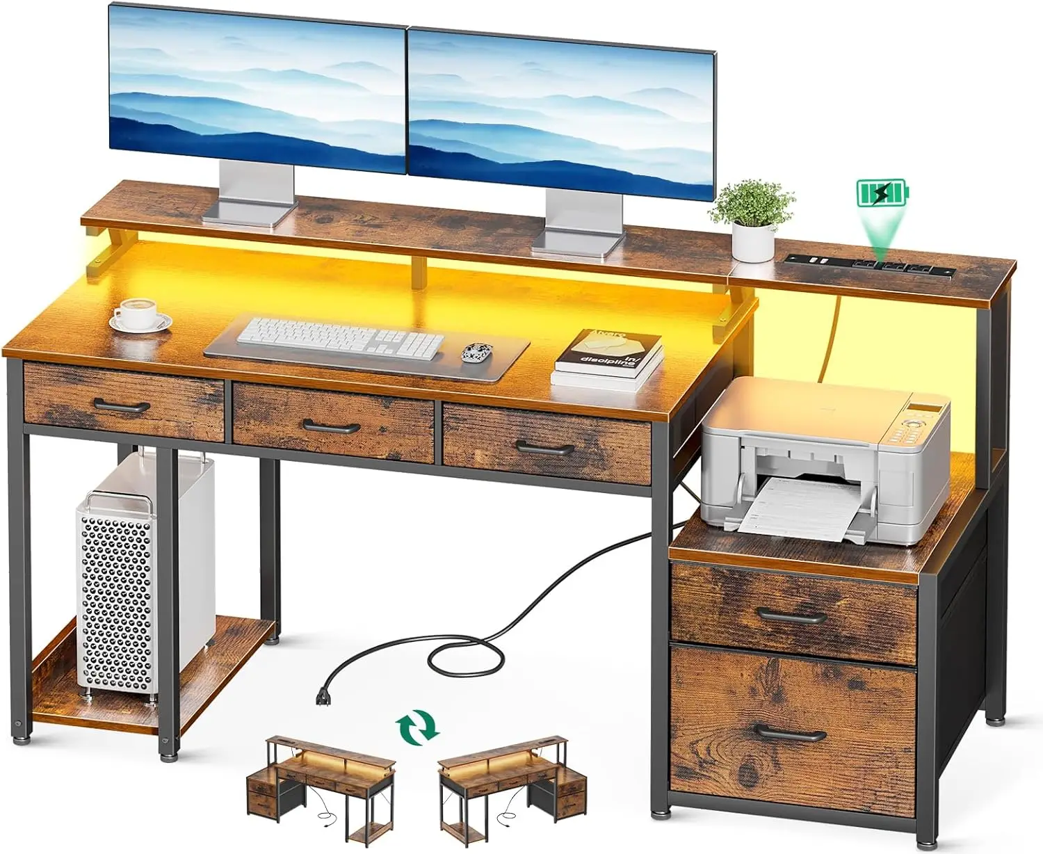 

55 Inch Computer Desk with 3 Drawers and File Cabinet for Storage,Office Desk Monitor Stand and LED Lights,Home Office Desks
