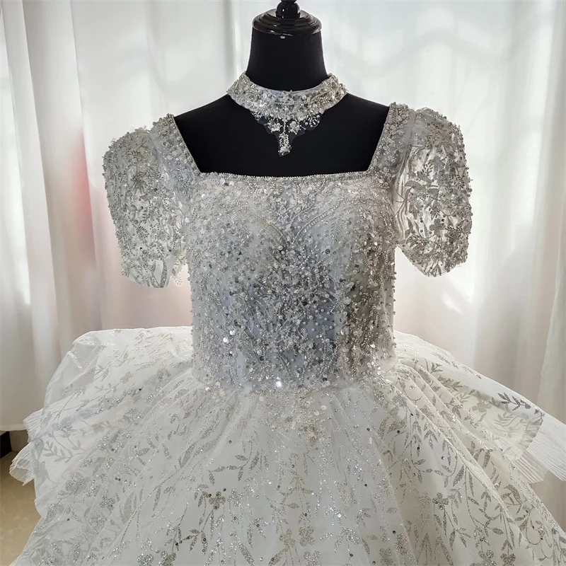 Luxo elegante vestido de baile para noivas, vestido de casamento francês, palácio real clássico, gola quadrada, puff mangas curtas, GB051, 2024