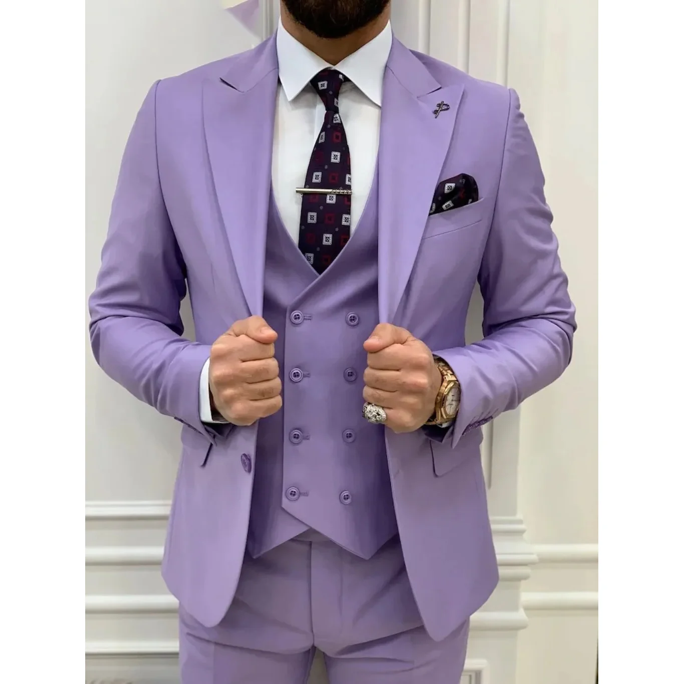 Light Purple Men's Suits Chic Elegant Full Set Single Breasted Peaked Lapel Formal Outwear 3 Piece（Jacket+Pants+Vest) Costume