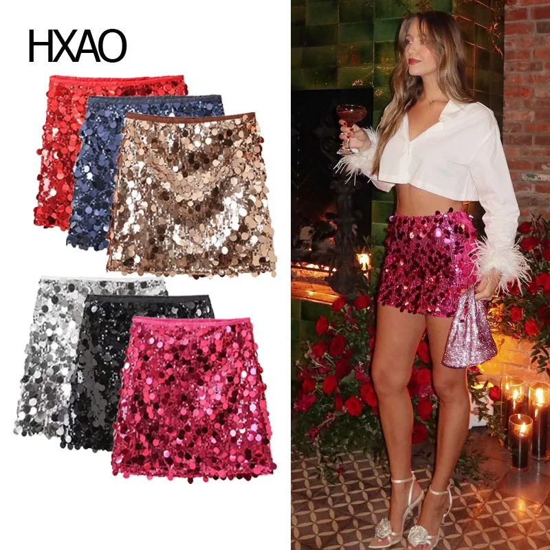 

HXAO Sequin Mini Skirt Women Wrap Skirts Glitter Fashion Female Skirt Sexy Short Skirt Woman Luxury Night Party Clubwear 2024