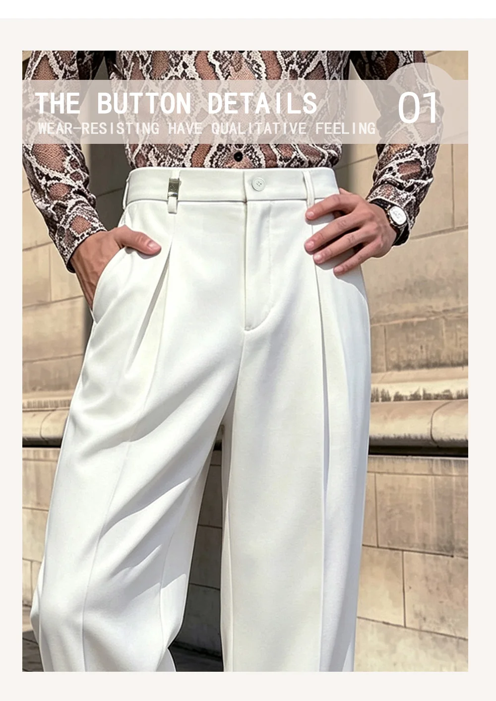 Herren-Hose für Frühling und Herbst, einfarbig, gewebt, mit Falten, Knopfakzent, elastischer Bund, gerades, lockeres Bein, schöner Fall, knitterfrei. – Detail 3