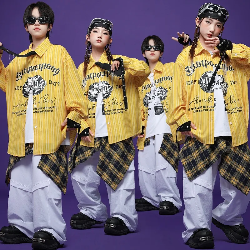 الأطفال الأصفر مخطط الاطفال الجاز الرقص الشارع أزياء رقص الأمريكية مخطط قميص الهيب هوب أداء ملابس الفتيات الجاز #1