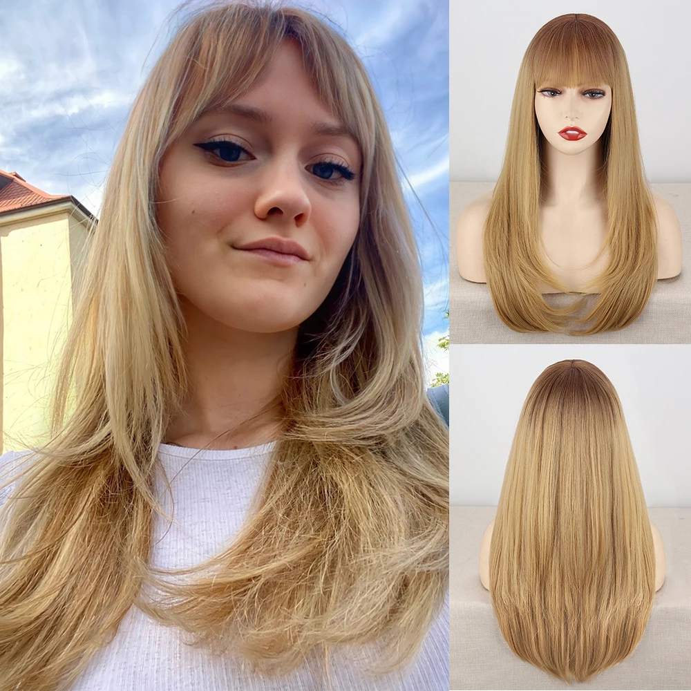 

Long Straight Blonde Wig With Bangs Synthetic Wigs for Women Lolita Party Natural Wigs High Temperature Hair