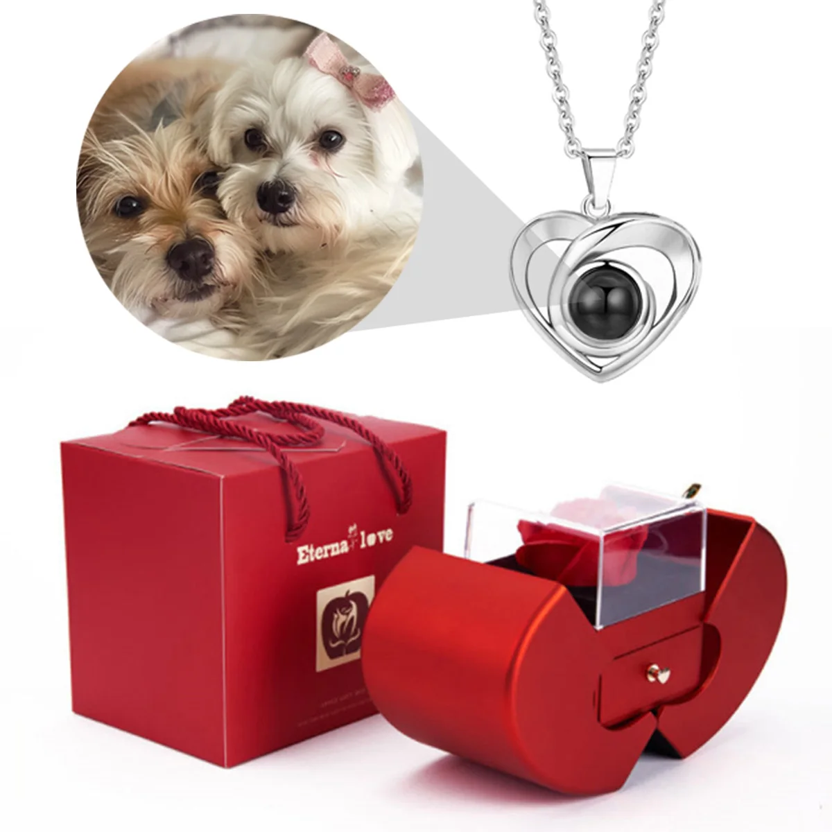 

Custom Photo Projection Necklace With Apple Rose Luxury Gift Box Christmas Halloween Birthday Mother's Day Romantic Surprise New