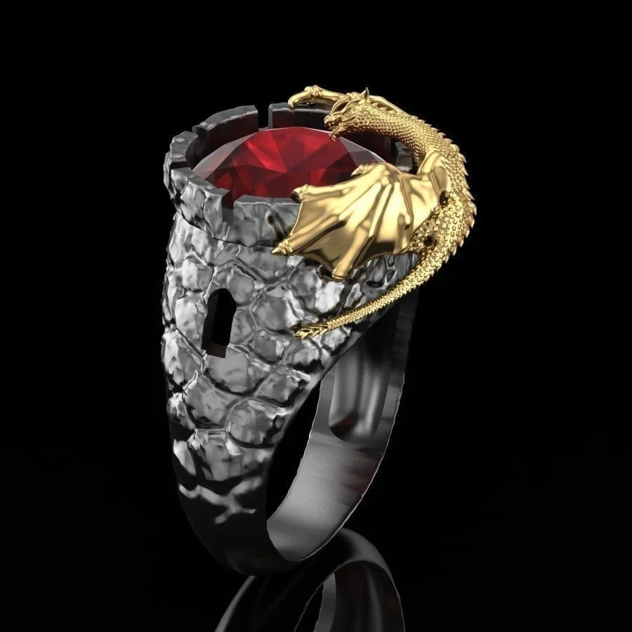

Punk Black Gold Natural Gemstone Ruby Ring Gold Dragon Rings Men Party Fine Jewelry