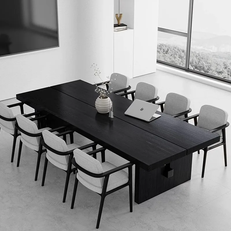

Black minimalist solid wood large conference table long table simple long desk workbench log negotiation table and chair combina