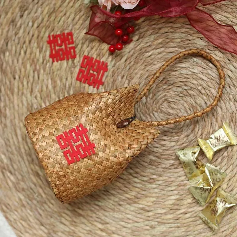 Cute Handmade Round Straw Woven Bag Natural Straws Handbag INS Trendy Stylish Kids Boys Girls Women Beach Camp Outdoor Bag